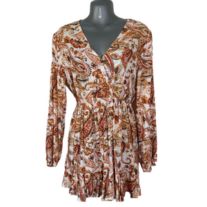Cupshe Brown Orange & Pink Paisley Print Long Sleeves with Ruffle Hem Romper 106